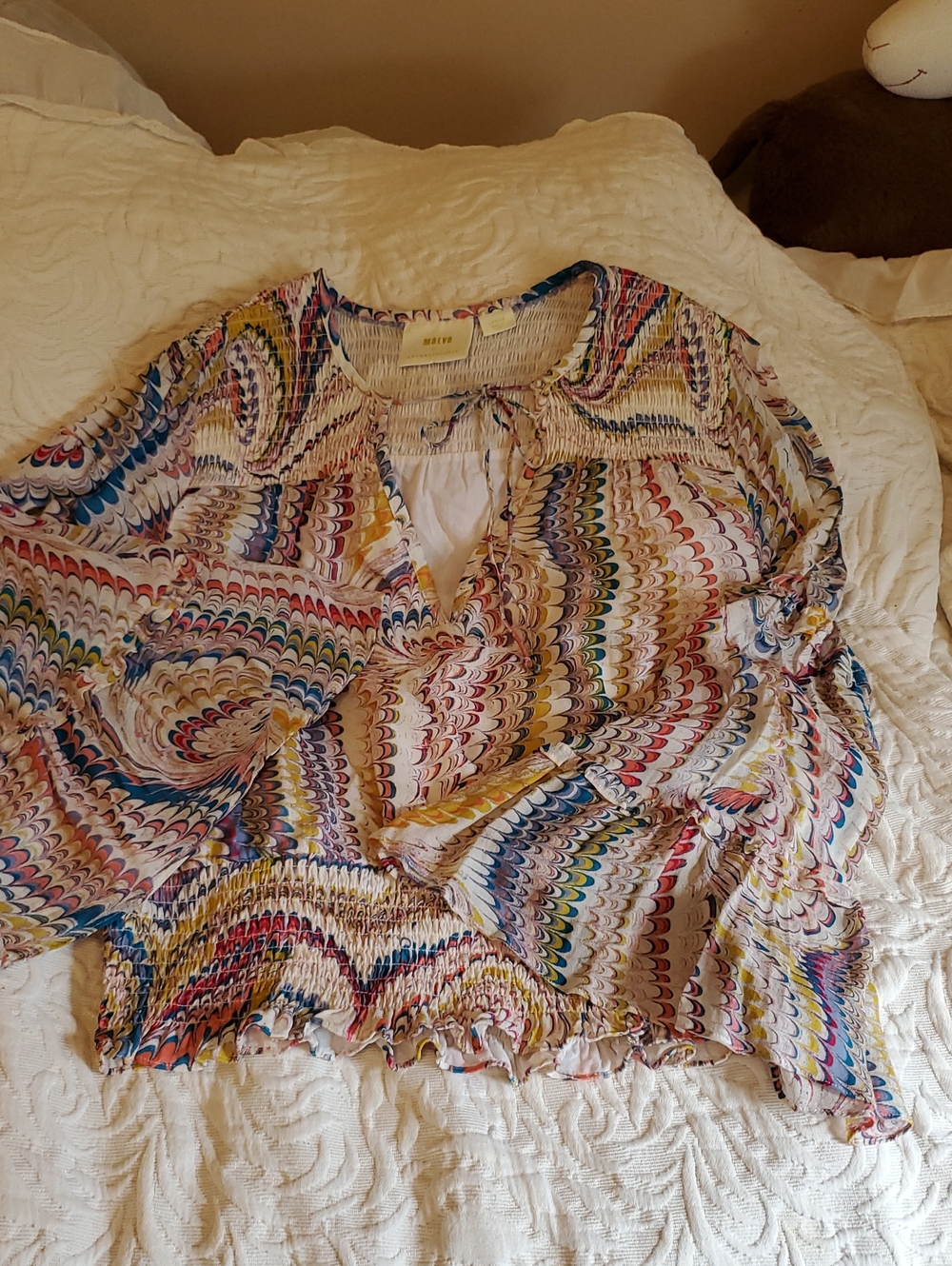 Anthropologie Multicolor Marbled V-Notch Peasant Blouse